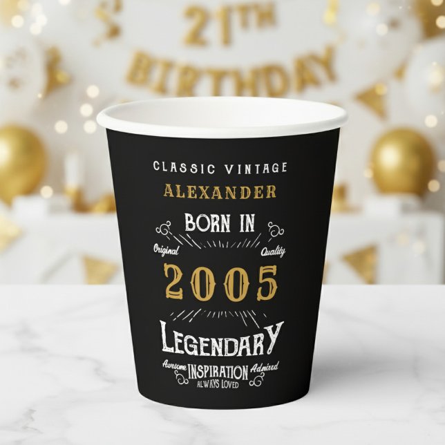 21st Birthday 2005 Legendary Retro Paper Cups (2005 black paper cup with a white and gold background.)