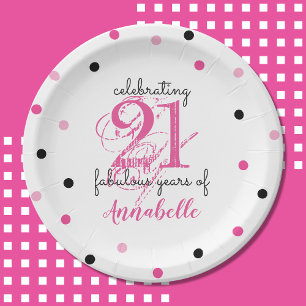 21st Birthday 21 fabulous years Add Name polka dot Paper Plates
