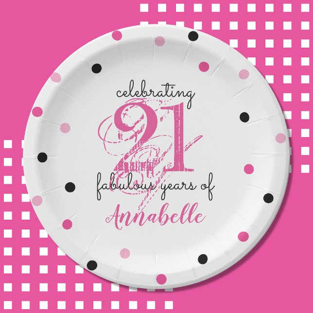 21st Birthday 21 fabulous years Add Name polka dot Paper Plates (Depiction of Front of Paper Plate)