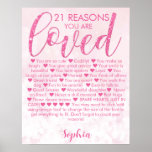 21st Birthday 21 Reasons We Love You Glamorous Poster<br><div class="desc">A fabulous custom 21st birthday gift poster. This pink glitter themed design is a gorgeous way to send a heart felt twenty-first birthday message. Fill out the poster with 21 reasons you love the recipient. A stylish pink typography on a pale pink backgound - a personalized glamorous design they are...</div>