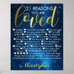 21st Birthday 21 Reasons You Are Loved Poster<br><div class="desc">A fabulous custom 21st birthday gift poster. This blue space themed design is a gorgeous way to send a heart felt twenty first birthday message. Fill out the poster with 21 reasons you love the recipient. A stylish blue and gold personalized design they are sure to love.</div>