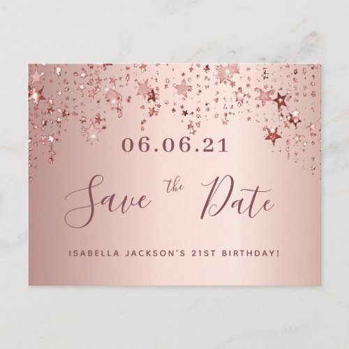 21st birthday 21 rose gold stars save the date postcard