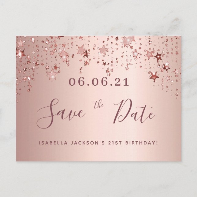21st birthday 21 rose gold stars save the date postcard (Front)