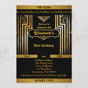 21st,Birthday 21st,Gatsby style,ticket,black gold Invitation