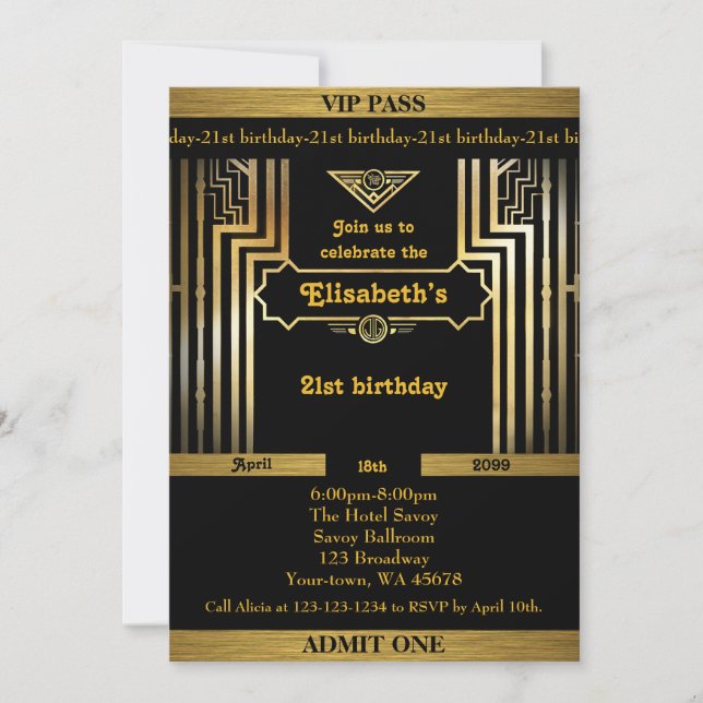 21st,Birthday 21st,Gatsby style,ticket,black gold Invitation (Front)