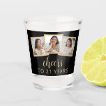 21st Birthday 3-Photo Black Gold Script Cheers Shot Glass<br><div class="desc">This custom 21st birthday shot glass features a collage of three custom square photos above the phrase "Cheers to 21 years" in elegant gold-colored calligraphy script and sans serif font on a black background. Add the guest of honor's name and birthday below. A great way to celebrate someone who's turning...</div>