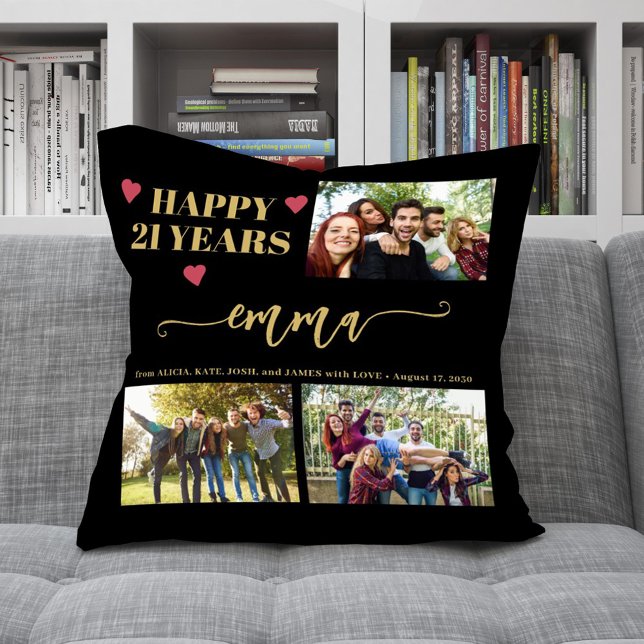 21st birthday 3 photo collage name script modern throw pillow (Creator Uploaded)