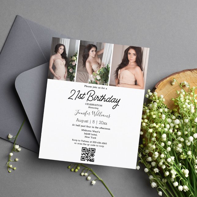 21st birthday 3 photos collage qr code invitation  (Creator Uploaded)