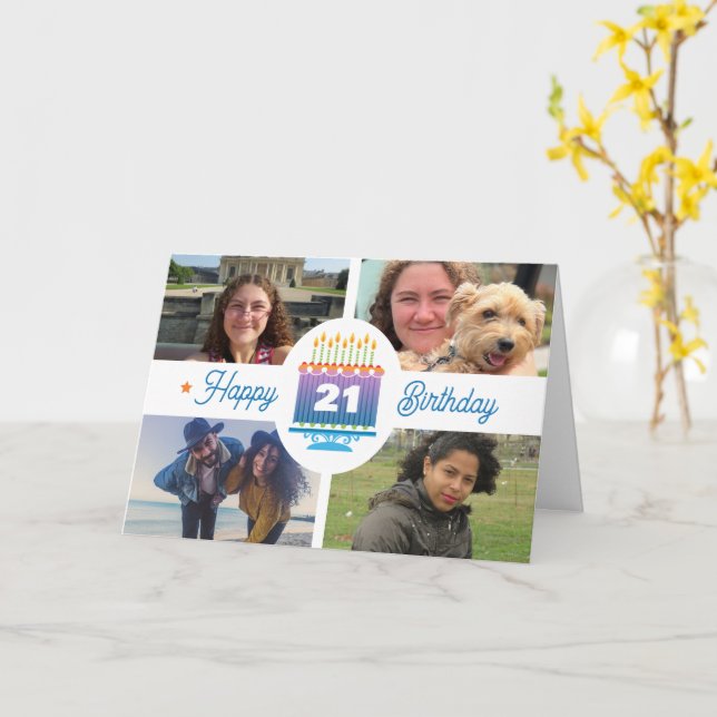 21st Birthday 4 Custom Photos Colorful Cake Candle Card (Yellow Flower)