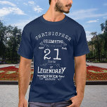 21st Birthday Add Name Legendary Blue Legend T-Shirt<br><div class="desc">Get ready to make your twenty-first birthday legendary! This custom 21st Birthday T-shirt will be sure to make a statement. It features a vintage-style graphic of the number 21 and your name in bold, blue lettering. Whether you're going out to celebrate with friends or having a cozy night in, this...</div>