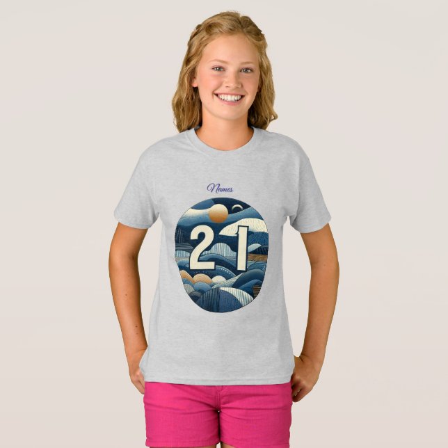 21st Birthday Almond blossom blue-cream  T-Shirt (Front Full)