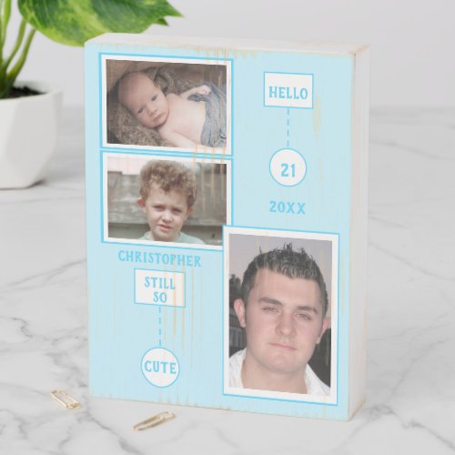 21st Birthday any age photos and name pale blue Wooden Box Sign