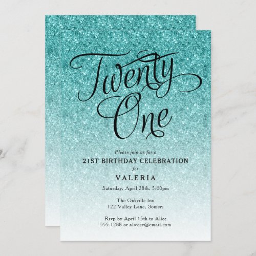 21ST Birthday  Aqua Blue Glitter Invitation