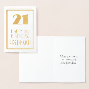 21st Birthday: Art Deco Inspired Look "21" & Name Foil Card