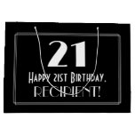[ Thumbnail: 21st Birthday: Art Deco Inspired Style "21", Name Gift Bag ]