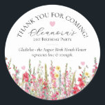 21st Birthday August Birth Flower Custom Favor Classic Round Sticker<br><div class="desc">Perfect sticker for an August birthday party. Pink gladiolus is the birth flower for that month. It forms a pretty watercolor bottom border on this floral personalized birthday sticker. The birthday guest of honor's name, age and birthdate are placed above it using elegant calligraphy and typography. All text is editable....</div>