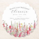 21st Birthday August Birth Flower Custom Paper Coaster<br><div class="desc">Perfect table decor for an August birthday party. Pink gladiolus is the birth flower for that month. It forms a pretty watercolor bottom border on this floral personalized coaster. The birthday guest of honor's name, age and birthdate are placed above it using elegant calligraphy and typography. All text is editable....</div>