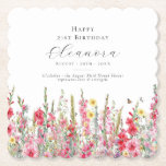 21st Birthday August Birth Month Flower Custom Paper Coaster<br><div class="desc">Perfect table decor for an August birthday party. Pink gladiolus is the birth flower for that month. It forms a pretty watercolor bottom border on this floral personalized coaster. The birthday guest of honor's name, age and birthdate are placed above it using elegant calligraphy and typography. All text is editable....</div>