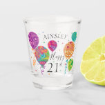 21st Birthday Balloons Monogram Name Shot Glass<br><div class="desc">This birthday themed shot glass features festive balloons with fractal patterns in purple,  turquoise,  pink and green. Personalize with a name and age. Designed by world renowned artist ©Tim Coffey.</div>