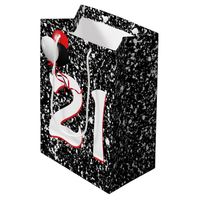21st Birthday Balloons on Black Glitter Medium Gift Bag (Front Angled)