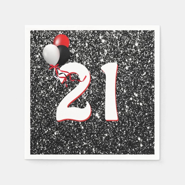 21st Birthday Balloons on Black Glitter Paper Plat Napkins (Front)