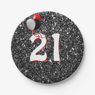 21st Birthday Balloons on Black Glitter Paper Plates