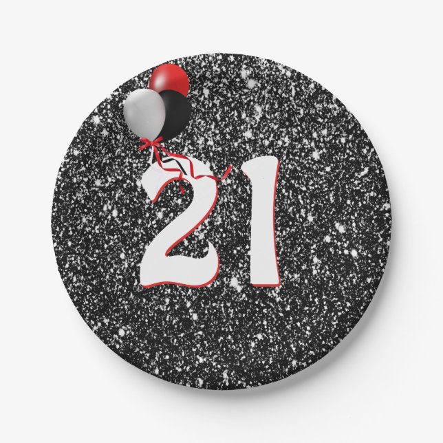 21st Birthday Balloons on Black Glitter Paper Plates (Front)