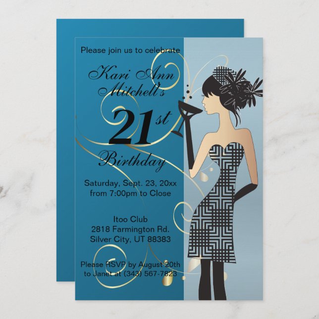 21st Birthday Bash Party - Blue Invitation (Front/Back)