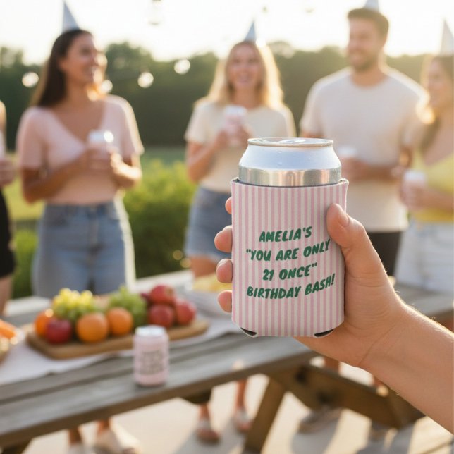 21st Birthday Bash Pink Green Retro Stripes Party Can Cooler (Creator Uploaded)