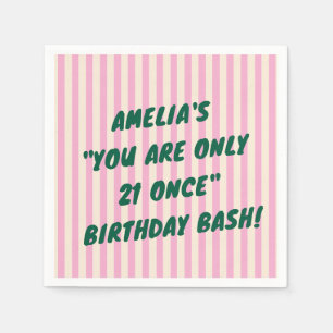 21st Birthday Bash Pink Green Retro Stripes Party Napkins
