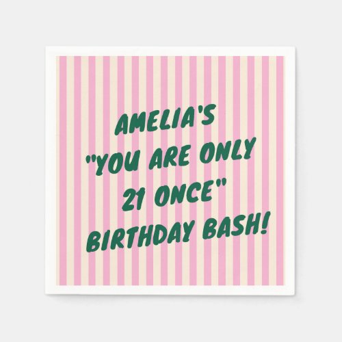 21st Birthday Bash Pink Green Retro Stripes Party Napkins