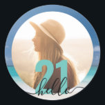21st Birthday Beach Photo Personalized Classic Round Sticker<br><div class="desc">21st Birthday Party Sticker with "Hello 21" quote,  personalized photo,  and beach background for invitation envelope seals and party favor packaging. Edit the colors and fonts by clicking 'customize further' and upload the party girl's photo to create a unique customized label to brand your party.</div>