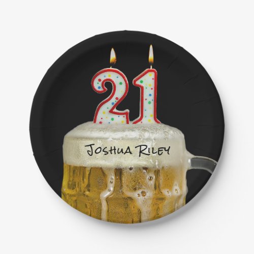 21st birthday beer with candle paper plates