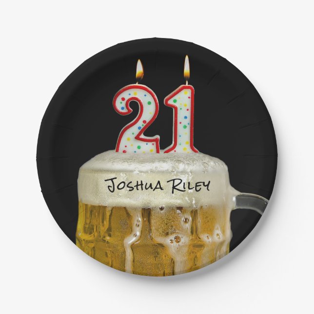 21st birthday beer with candle paper plates (Front)