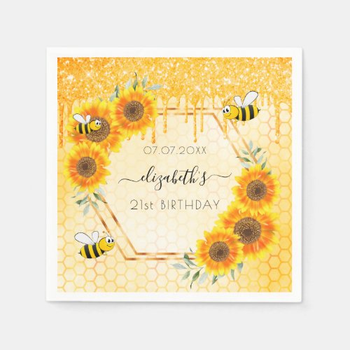 21st birthday bees gold glitter drips sunflowers napkins