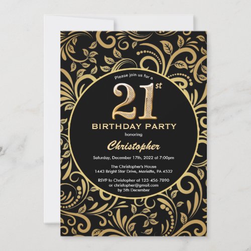 21st Birthday Black and Gold Floral Pattern Invitation