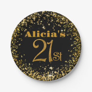 21st Birthday Black and Gold Glitter Confetti  Paper Plates