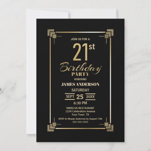 21st Birthday Black and Gold Party Invitation