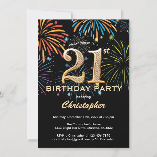 21st Birthday Black and Gold Rainbow Fireworks Invitation
