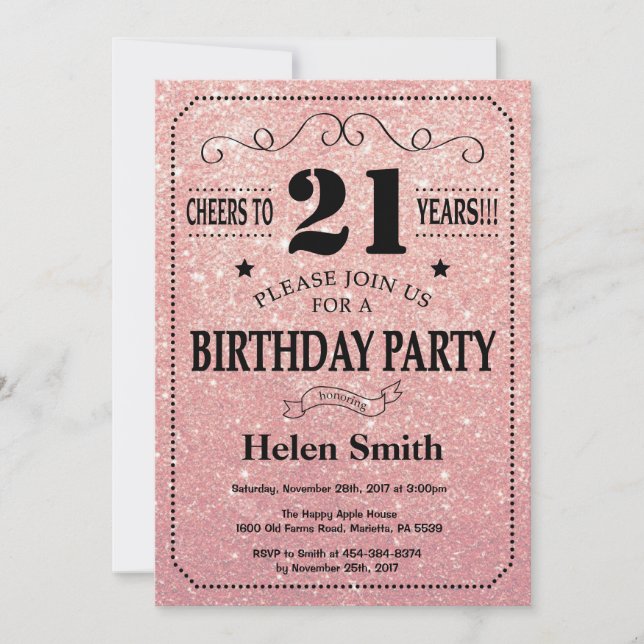 21st Birthday Black and Pink Rose Gold Glitter Invitation (Front)