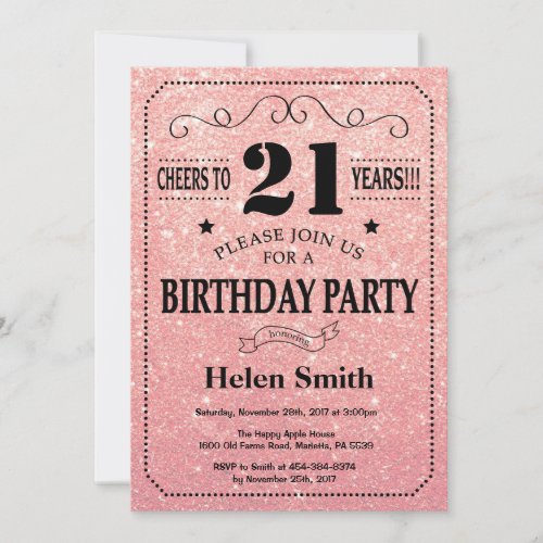 21st Birthday Black and Pink Rose Gold Glitter Invitation