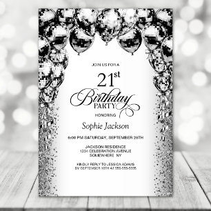21st Birthday Black and White Balloons Party Invitation