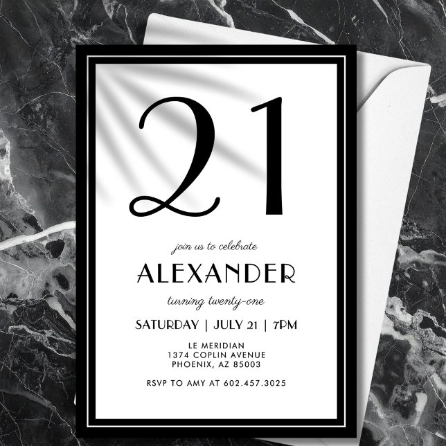 21st Birthday Black and White Modern Minimalist  Invitation (Refined, gender-neutral design—perfect for a personalized adult 21st birthday.
)
