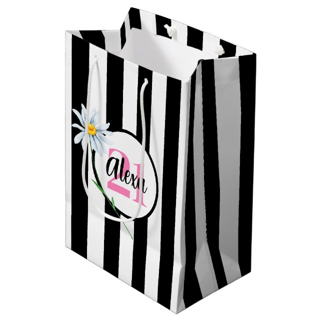21st Birthday Black And White Stripes Medium Gift Bag (Front Angled)