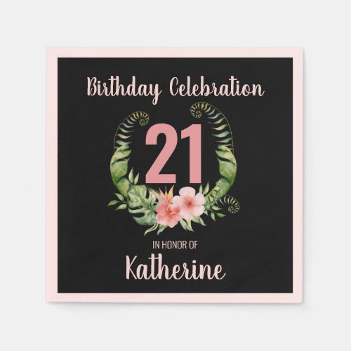 21st  birthday black blush pink floral name napkins