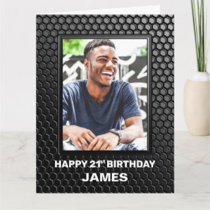 21st Birthday Black Geometric Pattern Custom Photo Card