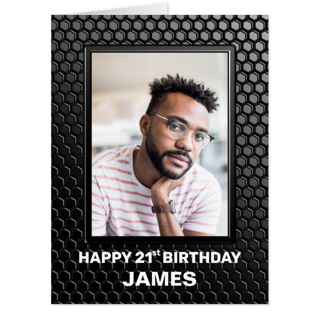 21st Birthday Black Geometric Pattern Custom Photo Card (Front)