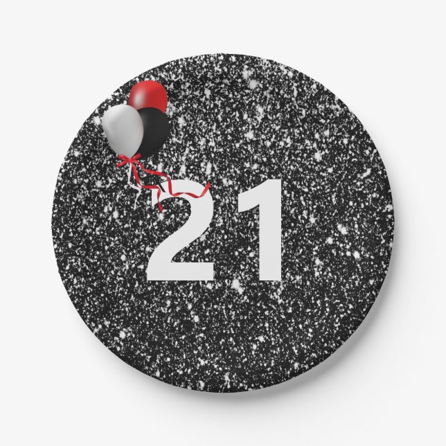 21st Birthday Black Glitter and Balloons Paper Plates (Front)