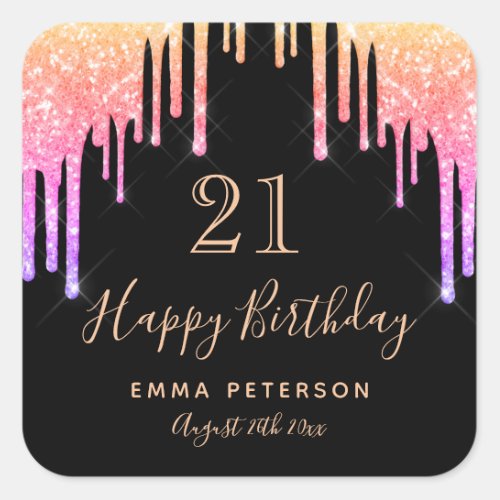 21st birthday black glitter pink purple square sticker