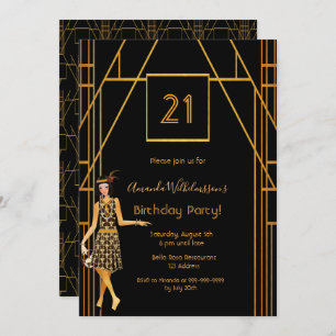 21st birthday black gold 1920 art deco invitation
